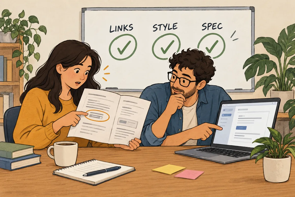 Two teammates compare a printed quickstart with the product on a laptop, while a whiteboard shows passing link, style, and spec checks.
