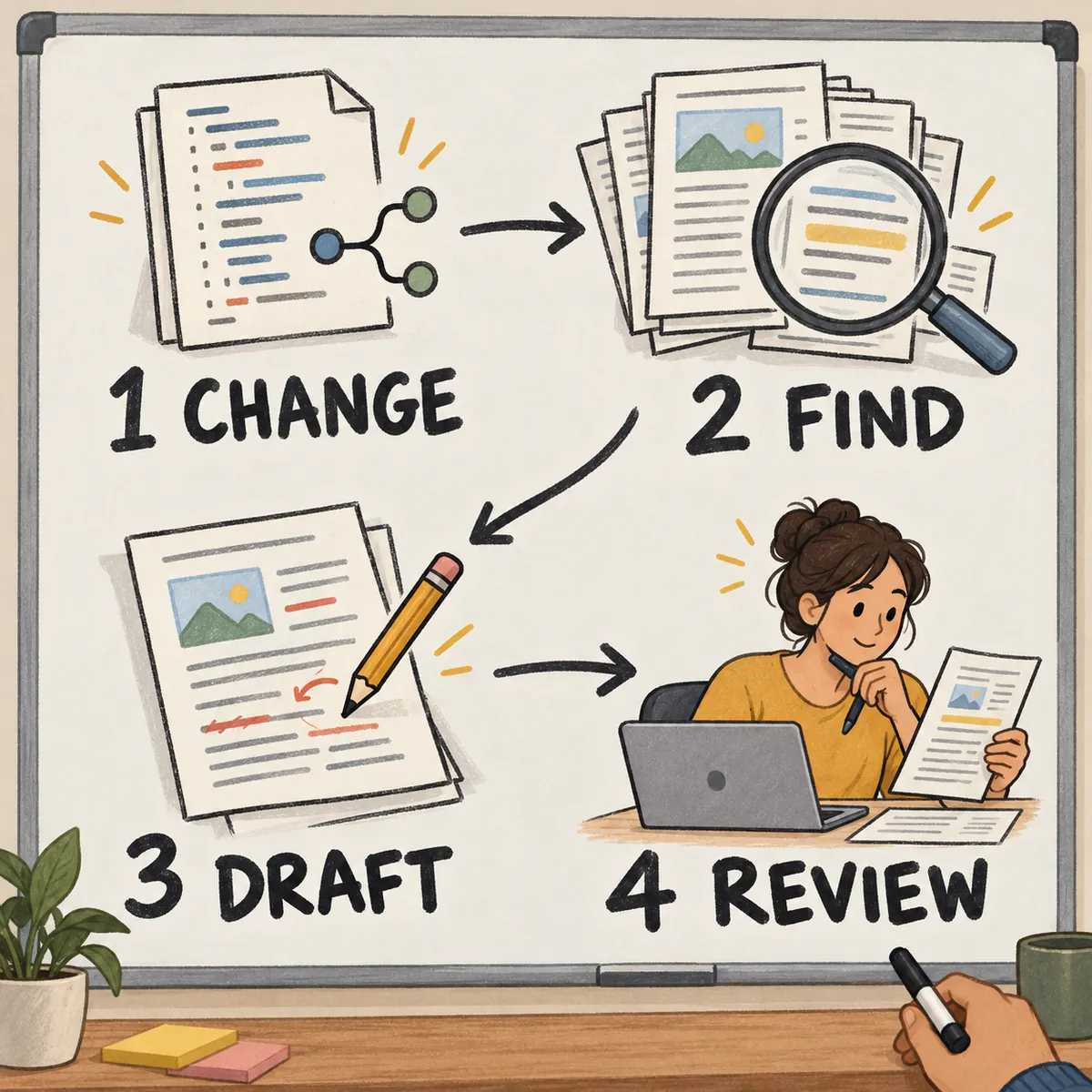 Hand-drawn whiteboard workflow: a product change leads to finding affected pages, drafting corrections, and a person reviewing the documentation.