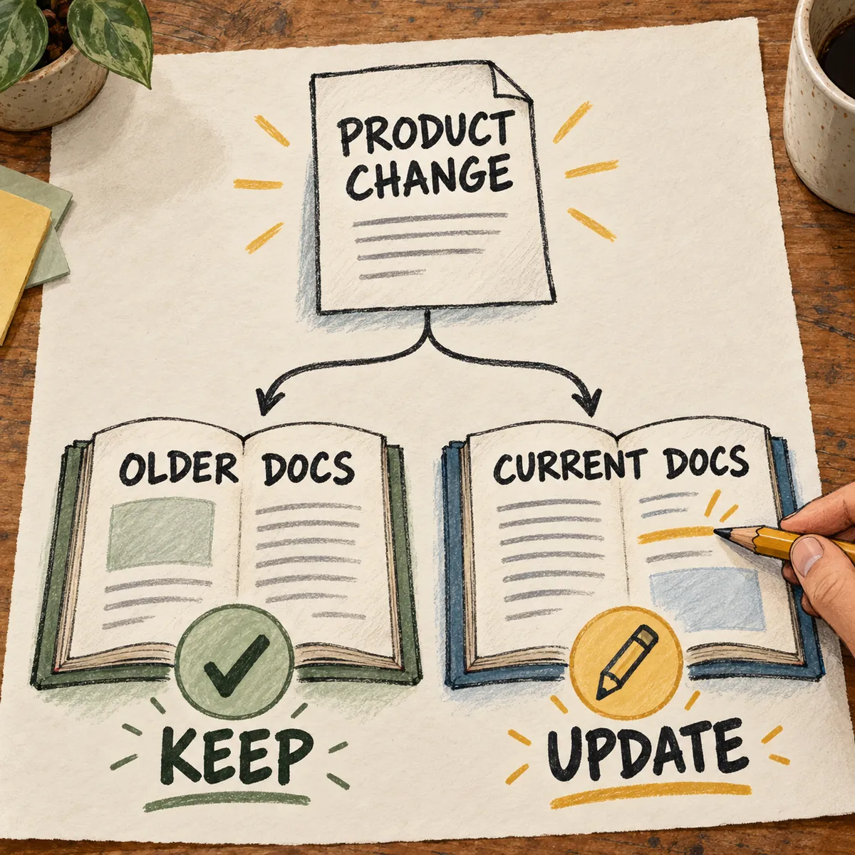 Hand-drawn diagram: a product change branches to older documentation marked Keep and current documentation marked Update.