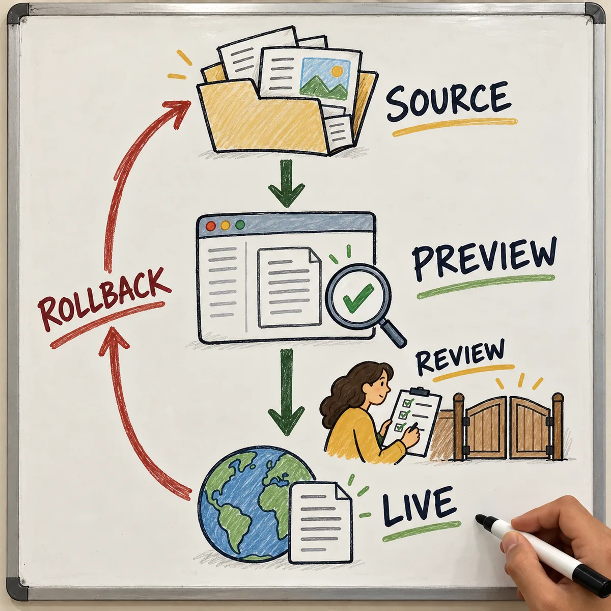 An illustrated workflow moves from saved source to preview, review, and a live site, with a return arrow showing the recovery path.
