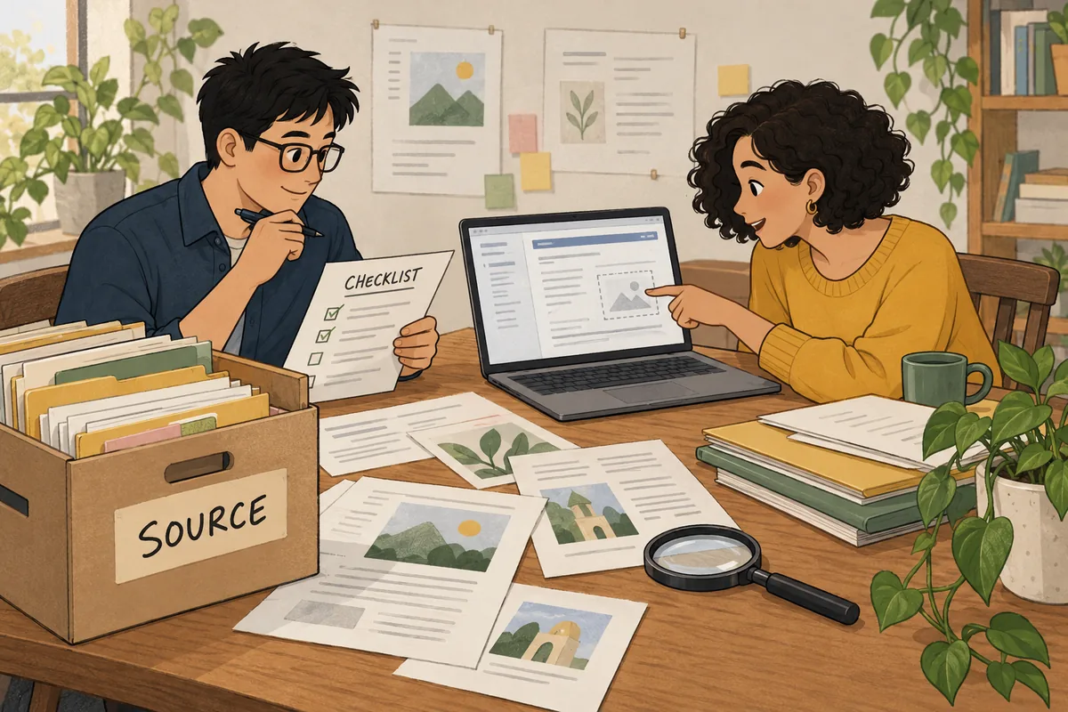 Two documentation engineers compare an archived source folder, a paper checklist, and a missing image in an anonymous documentation preview.