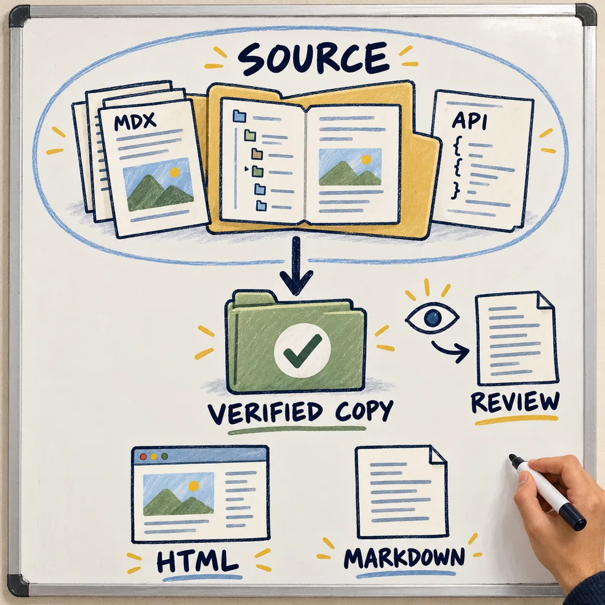 Hand-drawn whiteboard groups MDX pages, navigation, images, and an API description as source, leading to a verified copy for review. HTML and Markdown appear separately below.