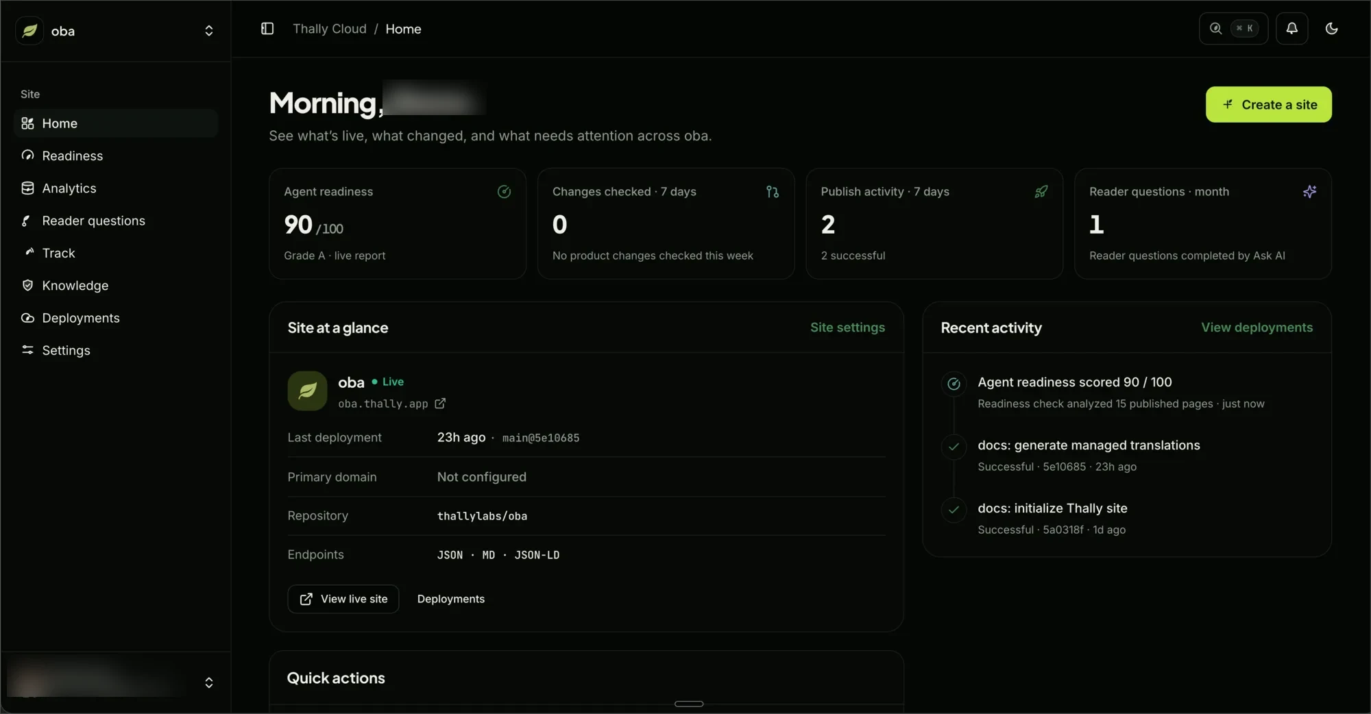 Thally Cloud dashboard home showing readiness, activity, and site status