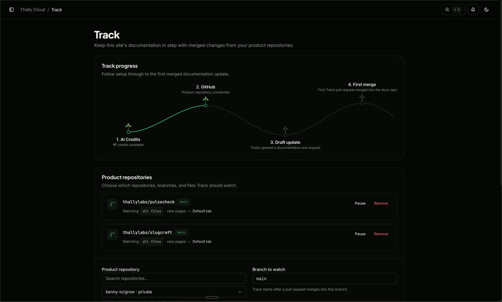 The Track page in Thally Cloud showing setup progress and watched product repositories